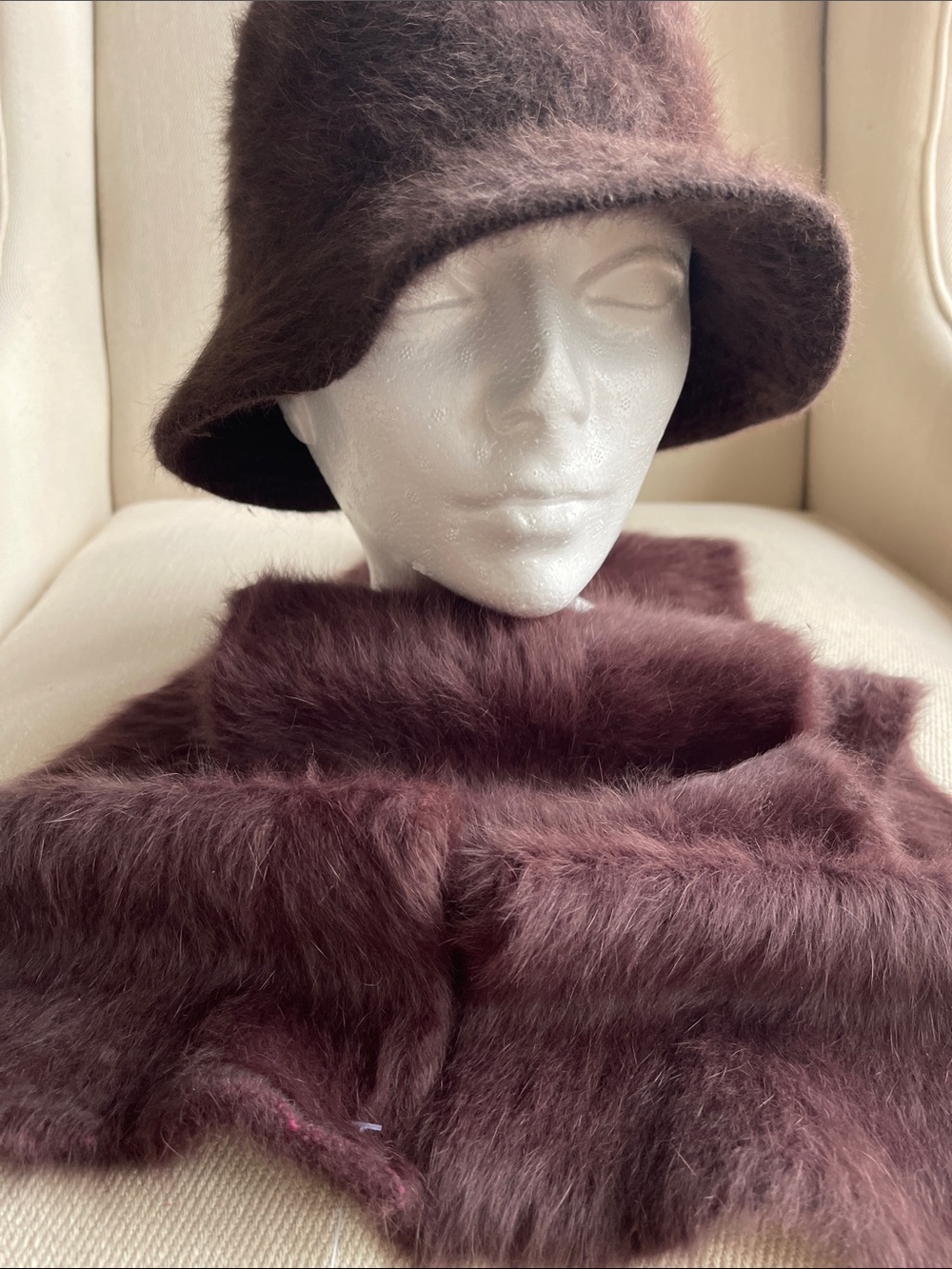 VINTAGE | Rabbit Fur Knit Scarf | Brown | 50 x 8